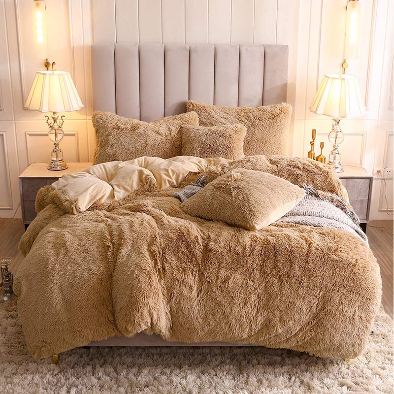 Uhamho Faux Fur Velvet Fluffy Bedding Duvet Cover Set Down Comforter Quilt Cover with Pillow Shams, Ultra Soft Warm (Queen, Camel) - Image 1